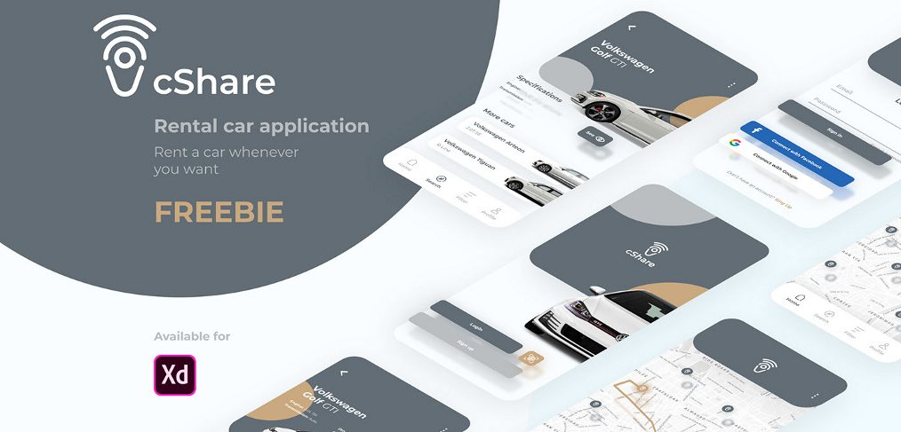 Car rental free app template for XD