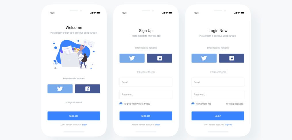 Free login and signup mobile screens