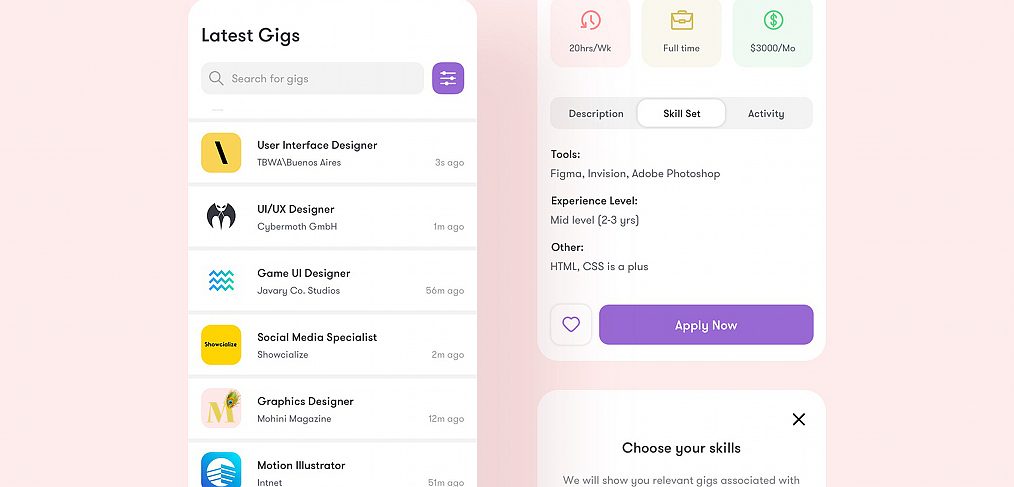 Gigson job app template for XD