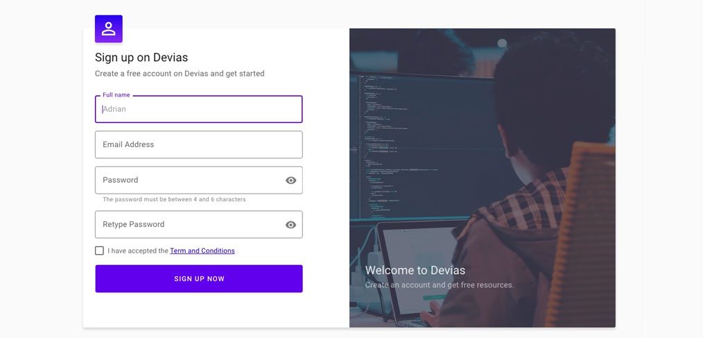 XD material signup template