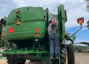A man wearing a gray t-shirt and blue jeans stands on a ladder cleaning out a green John Deere combine in August 2022